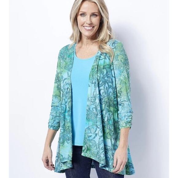 Susan Graver Burnout Knit Cardigan Only Turquoise Green M - Picture 1 of 6